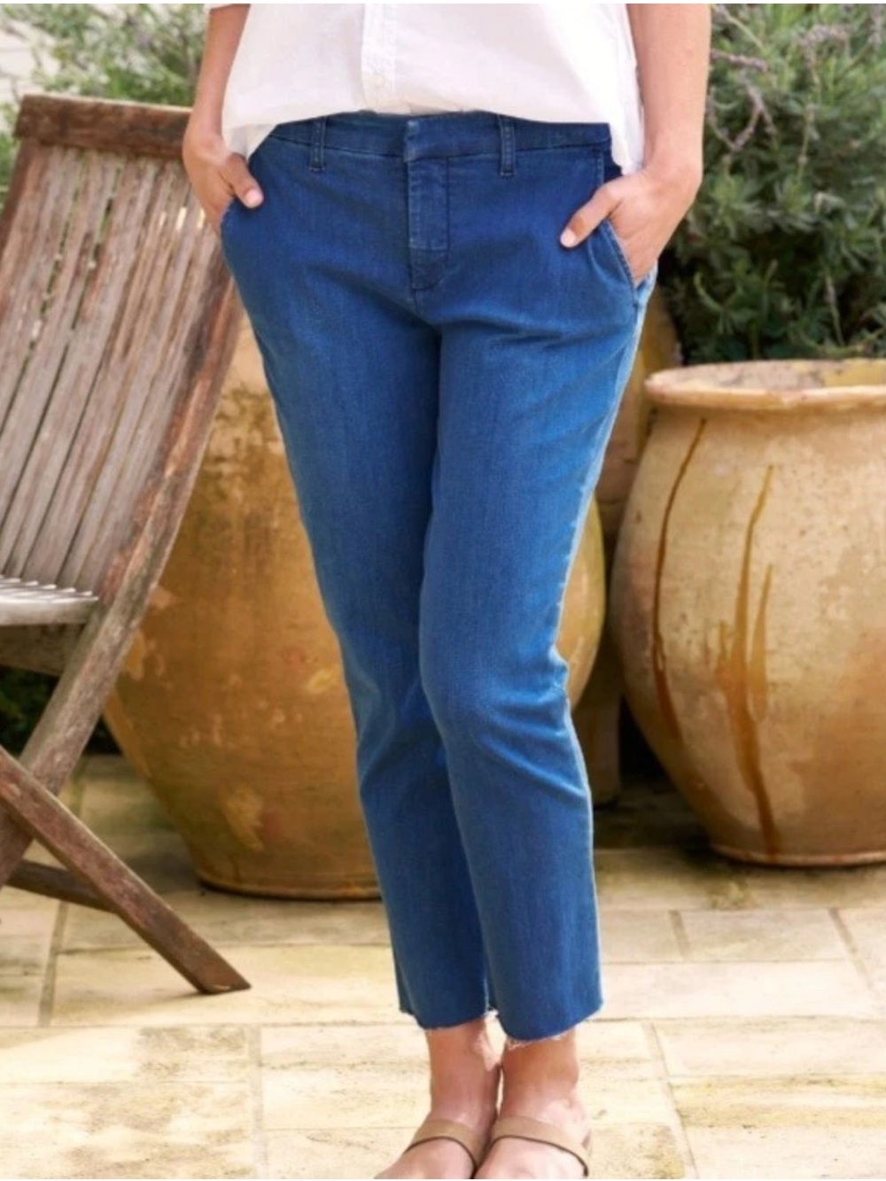 Frank & Eileen Wicklow Italian Denim Chino Pants Size 6 Raw Hem Blue